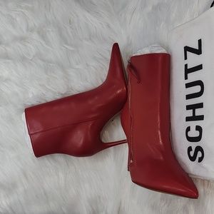 Schutz Olenka Pointed-Toe High-Heel Booties, Red, Size: 8